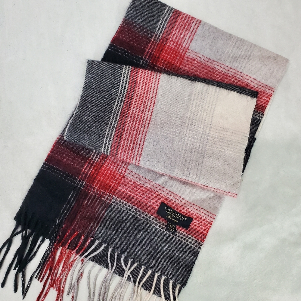Charter Club Luxury 100% Cashmere Scarf Plaid Tartan Fringe Soft Warm EUC